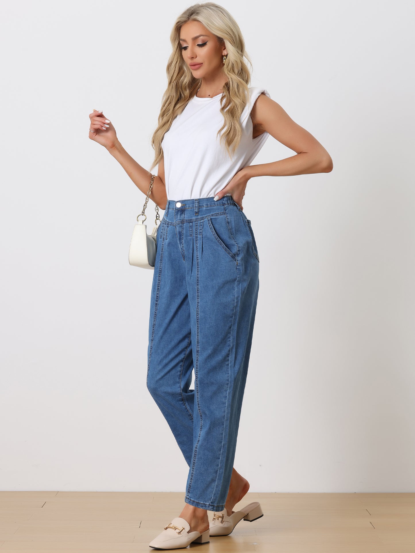Pantalones vaqueros elásticos de cintura alta para mujer, corte holgado, pierna ancha y cónica.