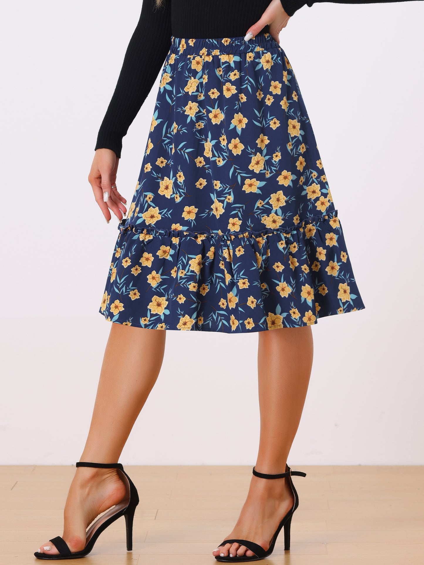 Women's Knee Length Skirt Floral Elastic Waist Flowy Tiered A-Line Ruffle Skirt