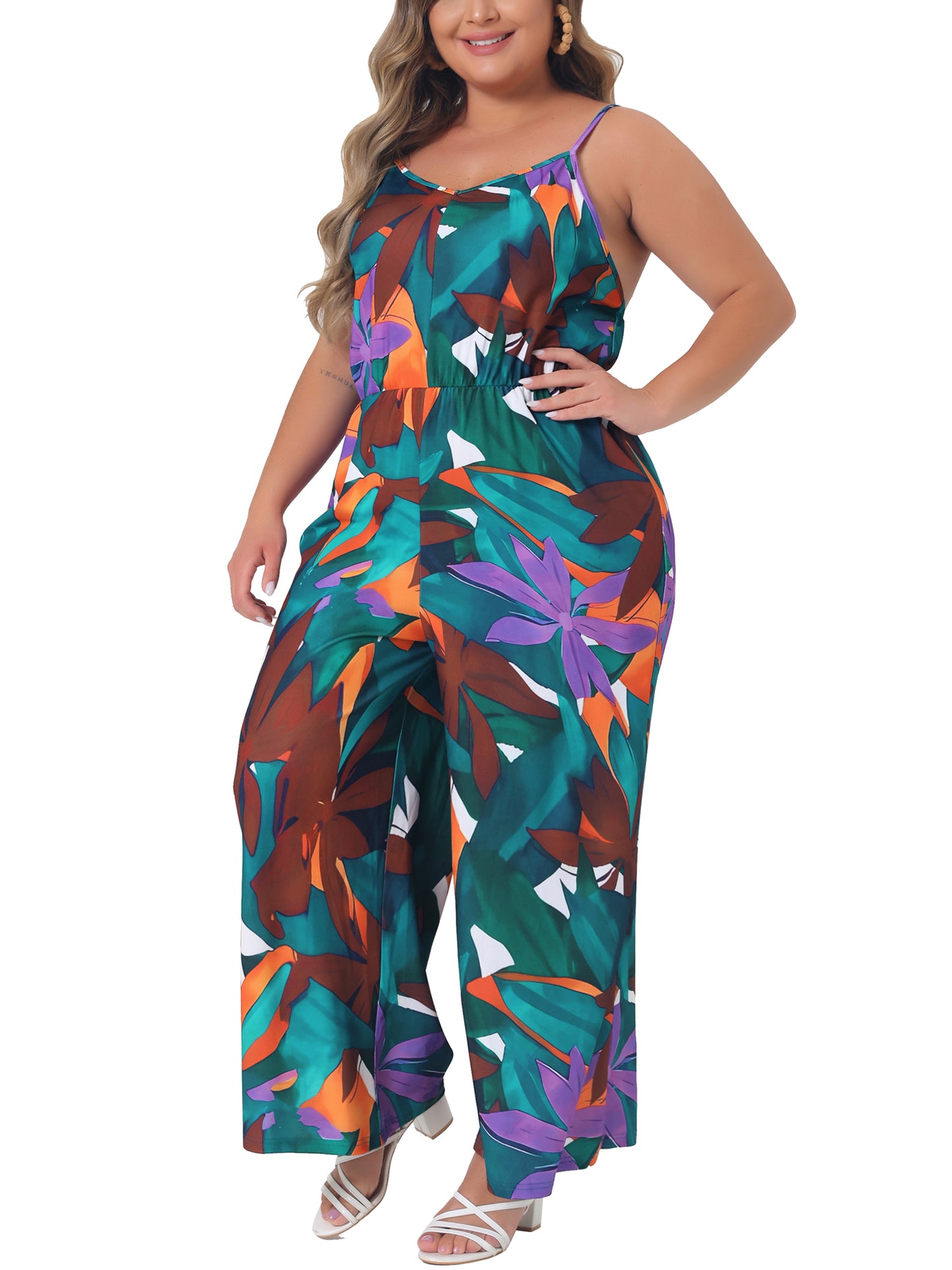Women Plus Size Jumpsuits Sleeveless Adjustable Spaghetti Strap Stretchy Long Pant Romper Jumpsuit
