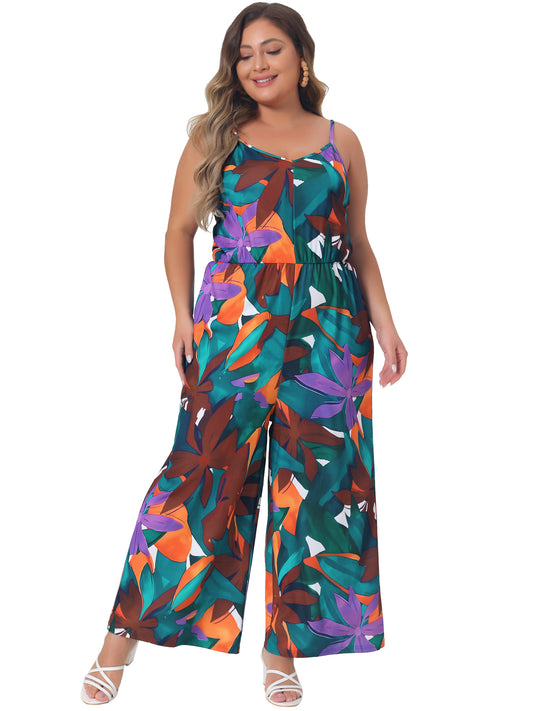 Women Plus Size Jumpsuits Sleeveless Adjustable Spaghetti Strap Stretchy Long Pant Romper Jumpsuit