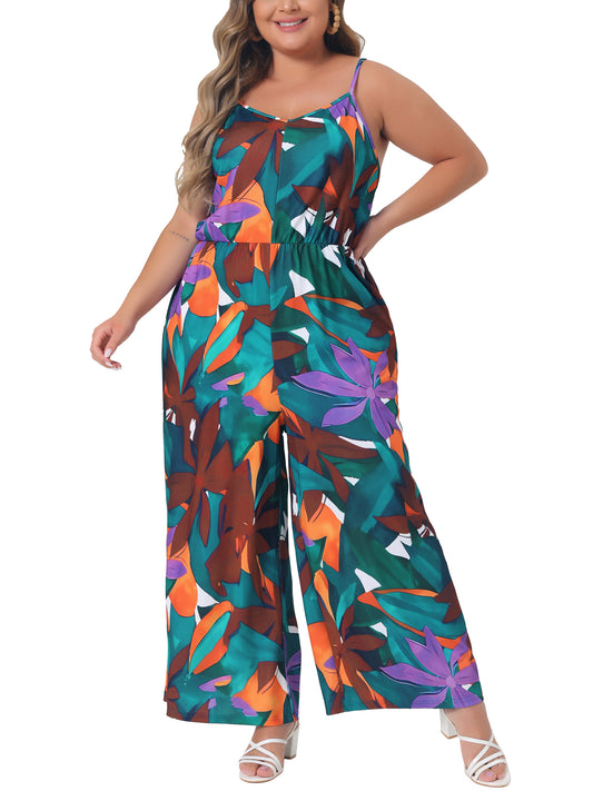 Women Plus Size Jumpsuits Sleeveless Adjustable Spaghetti Strap Stretchy Long Pant Romper Jumpsuit