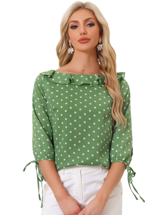 Women's Ruffled Collar Polka Dots 3/4 Sleeve Blouse