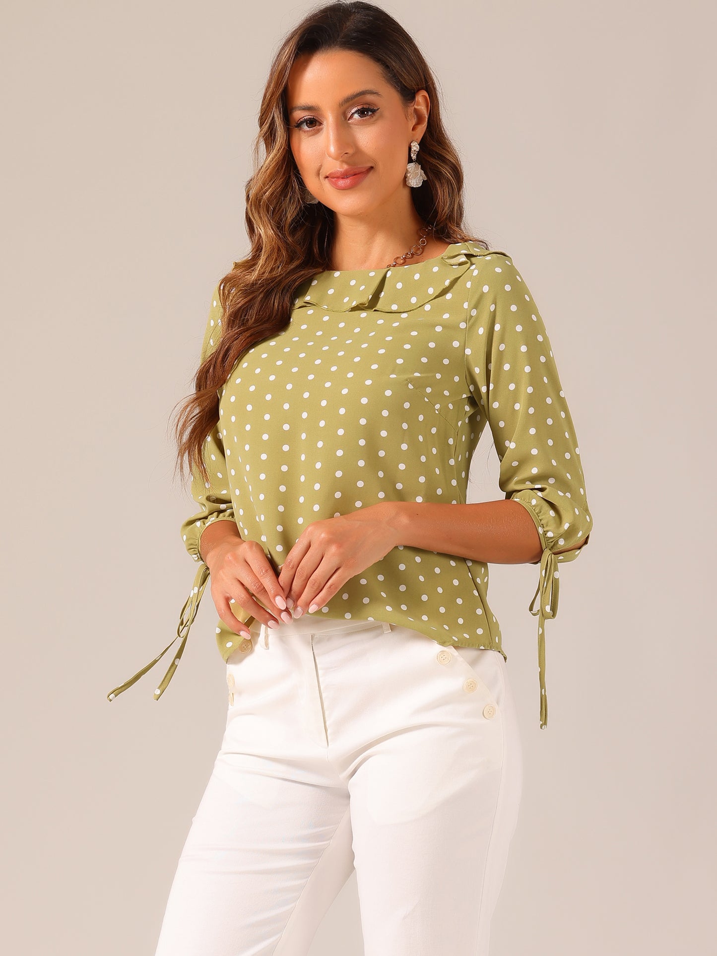 Women's Ruffled Collar Polka Dots 3/4 Sleeve Blouse