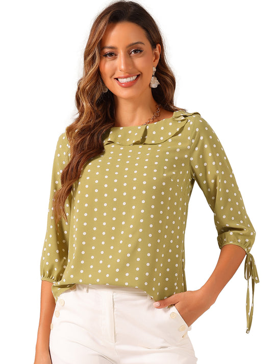 Women's Ruffled Collar Polka Dots 3/4 Sleeve Blouse