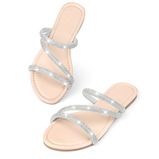 Sandalias planas con tiras y diamantes de imitación para mujer