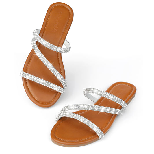 Sandalias planas con tiras y diamantes de imitación para mujer