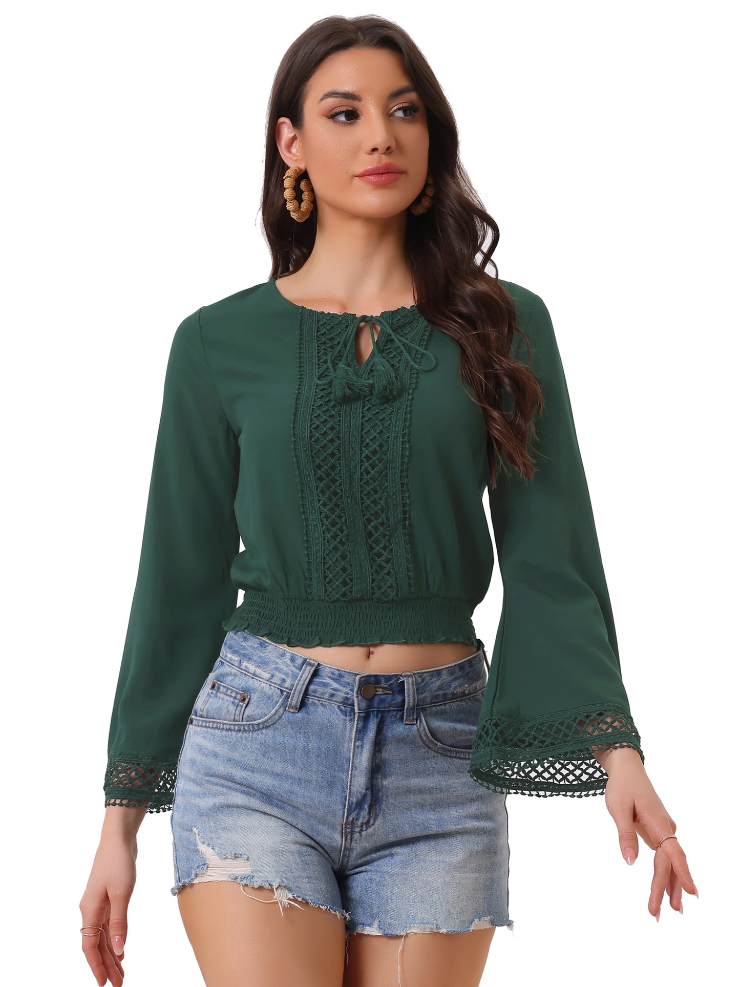 Women's Peasant Top Bell Sleeve Smocked Waist Boho Blouse