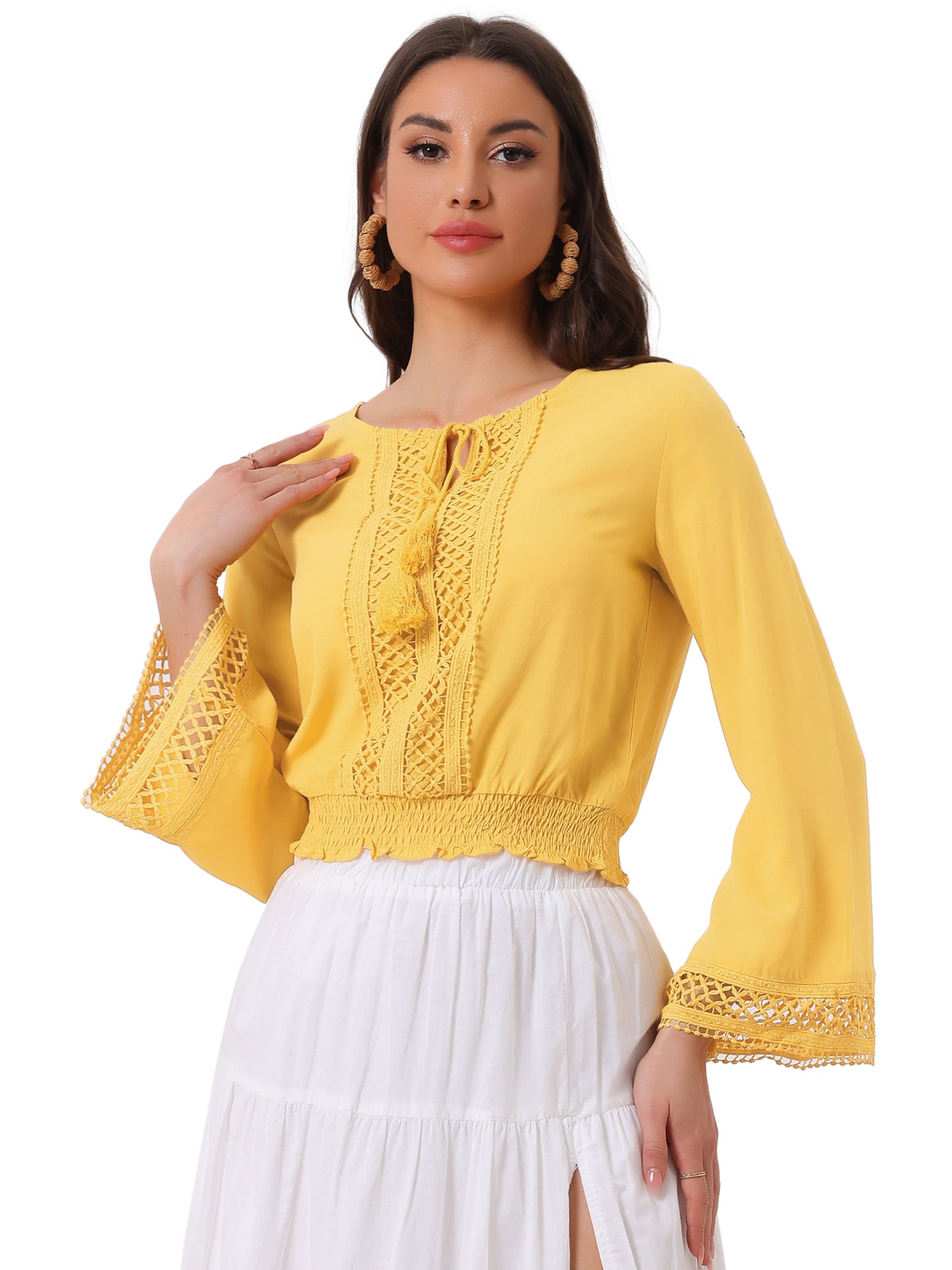 Women's Peasant Top Bell Sleeve Smocked Waist Boho Blouse