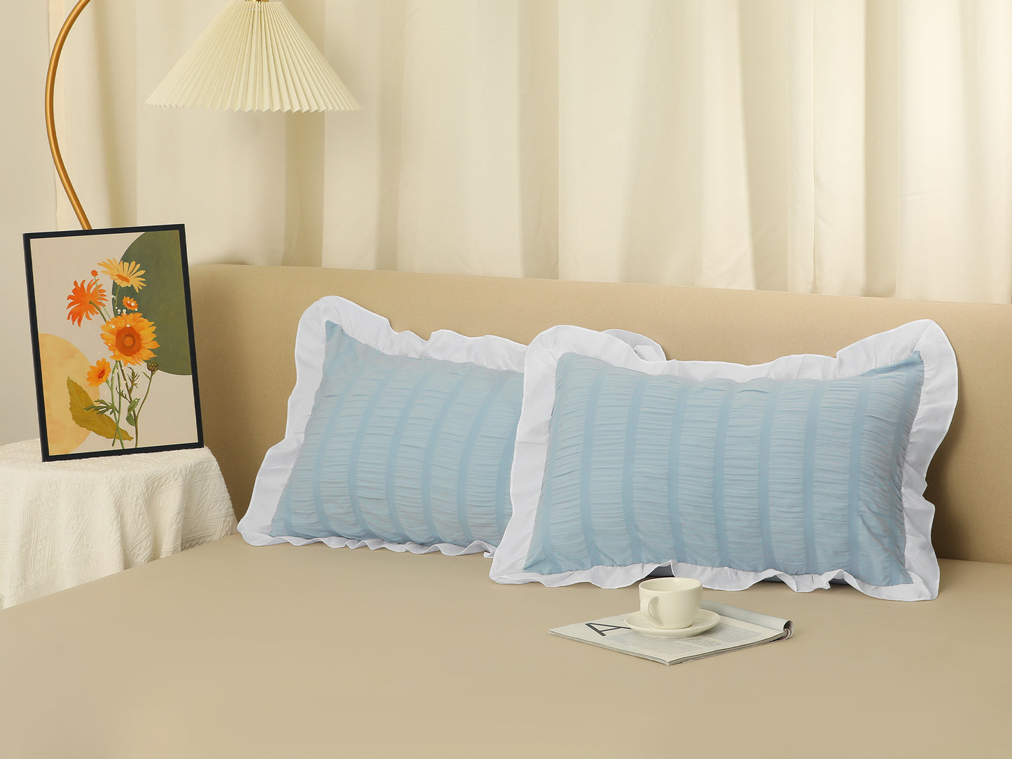 Ruffled Pillow Cases Queen Size Set of 2, Cooling Pillow Covers with Envelope Closure