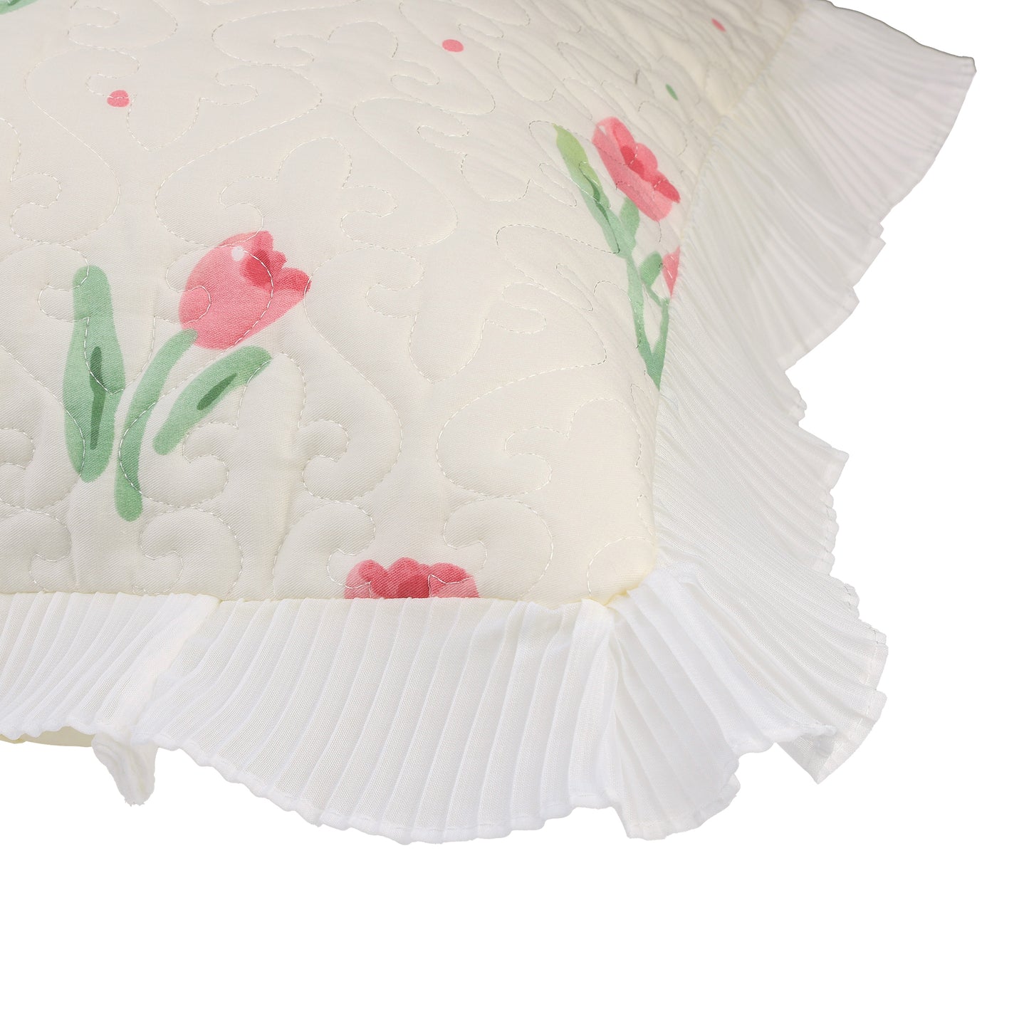 Cotton Pillowcase Set of 2, Tulip Floral Design, Ruffle Trim, Envelope Closure Pillow Covers