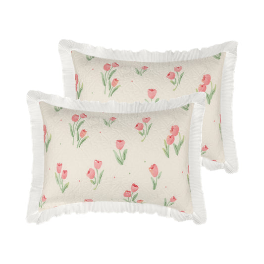 Cotton Pillowcase Set of 2, Tulip Floral Design, Ruffle Trim, Envelope Closure Pillow Covers