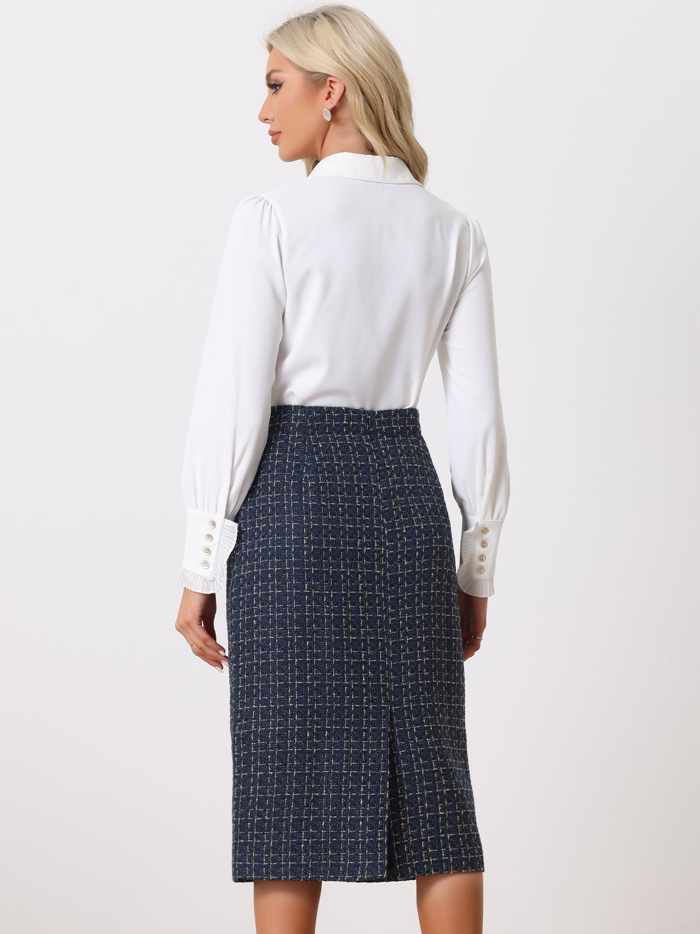 Falda tubo ajustada de tweed a cuadros para mujer, de cintura alta, para el trabajo y la oficina