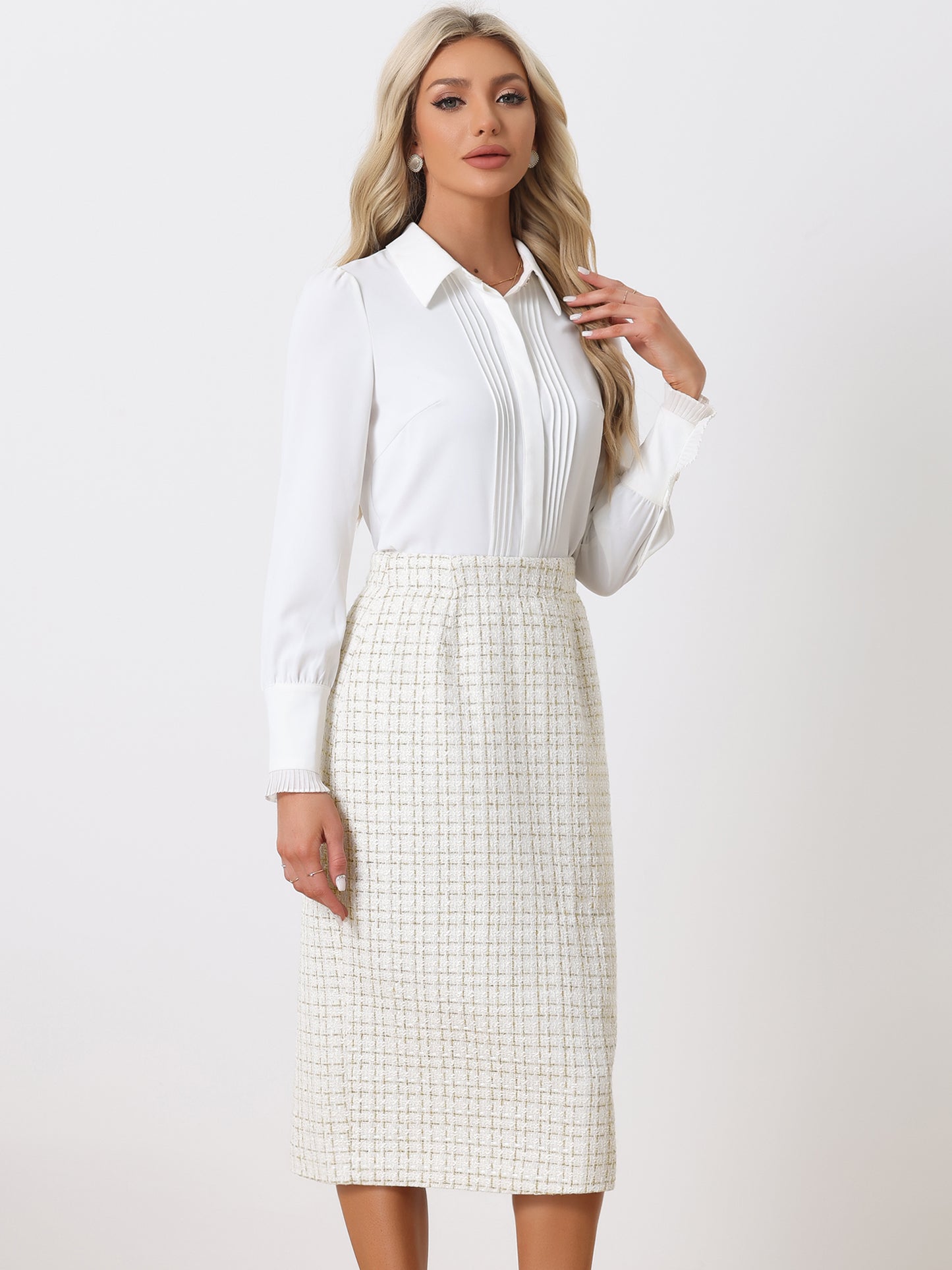 Women's Plaid Tweed High Waist Work Office Bodycon Pencil Skirt