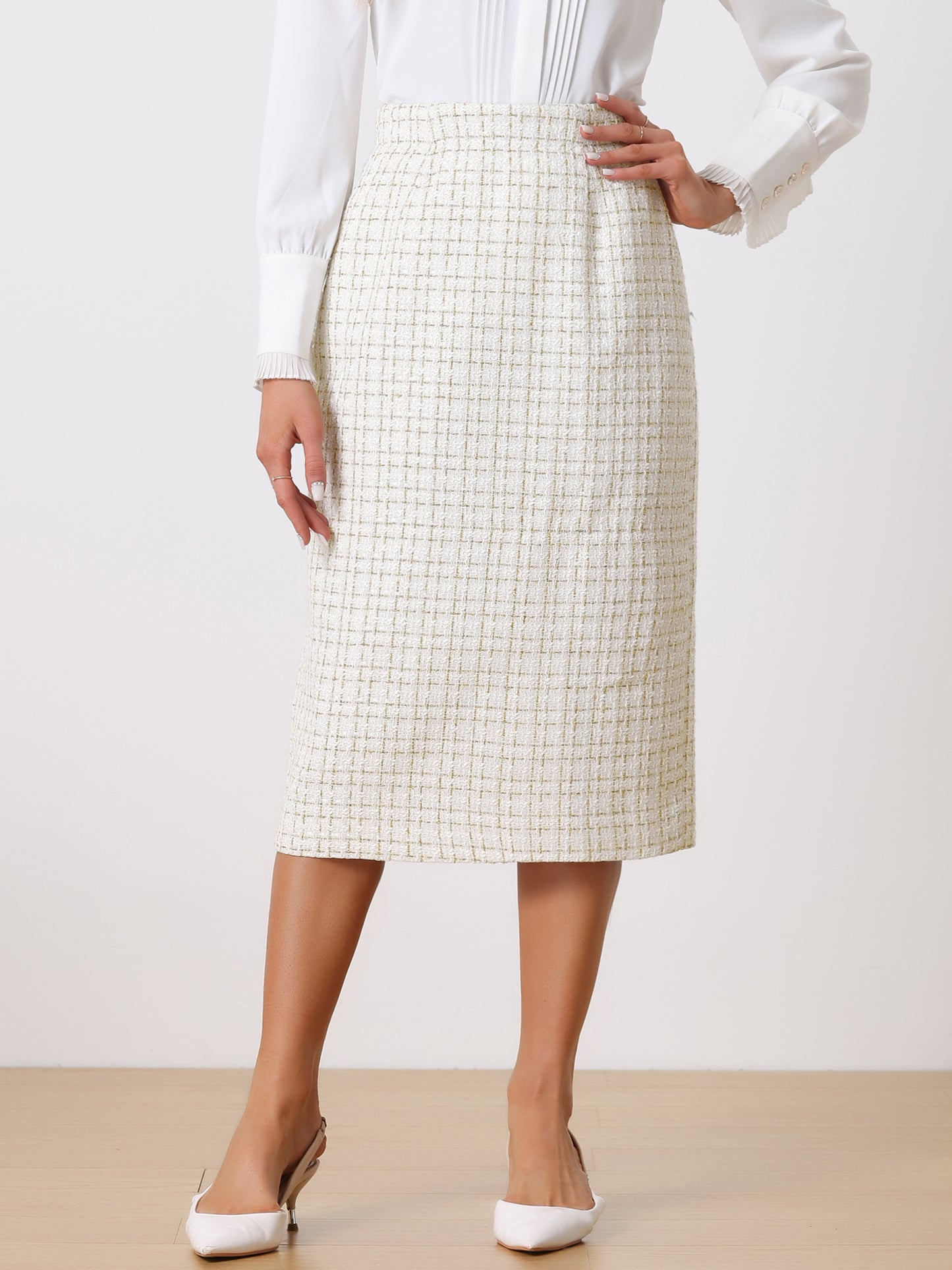 Women's Plaid Tweed High Waist Work Office Bodycon Pencil Skirt