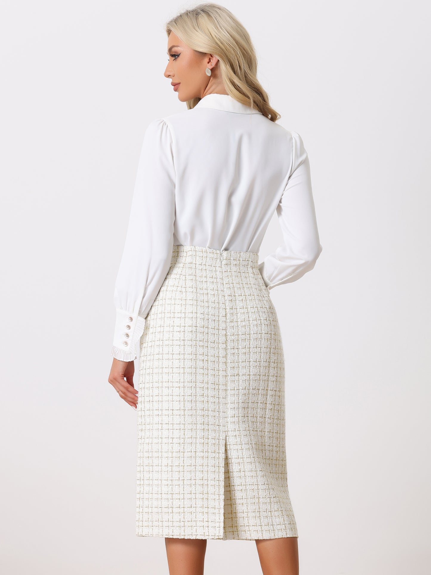 Women's Plaid Tweed High Waist Work Office Bodycon Pencil Skirt