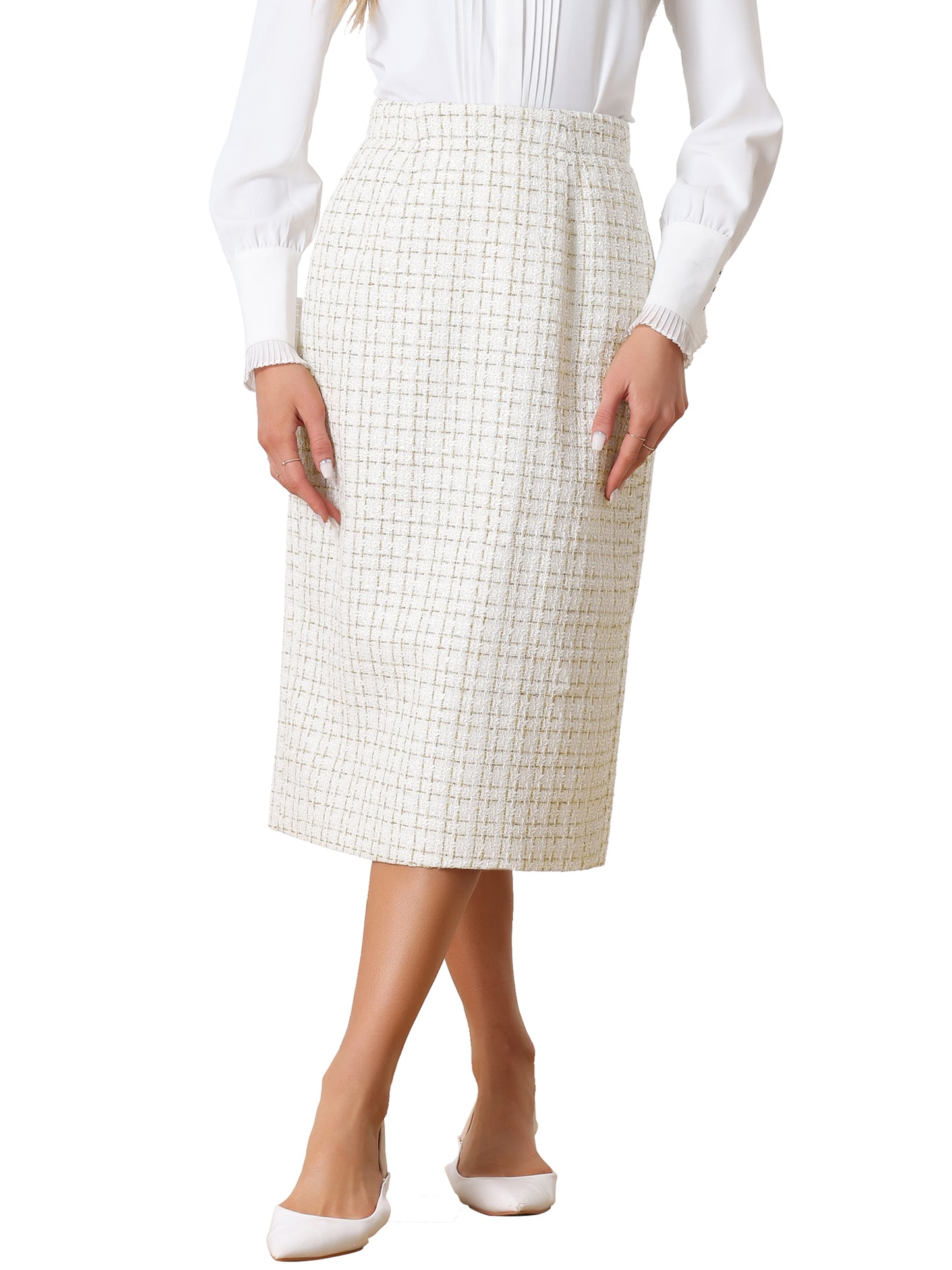 Women's Plaid Tweed High Waist Work Office Bodycon Pencil Skirt