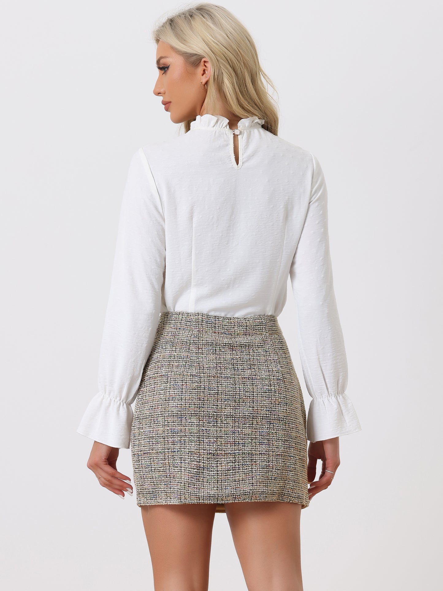 Falda mini de tweed a cuadros para mujer, cintura alta, elegante, estilo lápiz