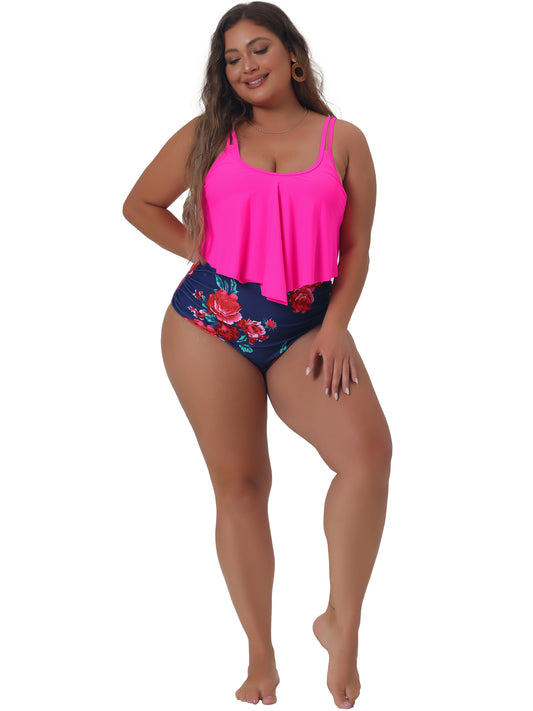 Traje de baño de dos piezas con estampado floral y cintura alta fruncida para mujer, talla grande