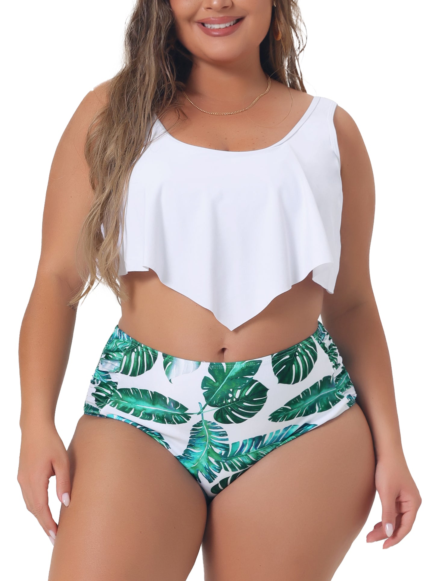 Women Plus Size Bikini Swimsuit V Neck Floral Ruffles Tank Top Tankini 2 Piece Bathing Suits