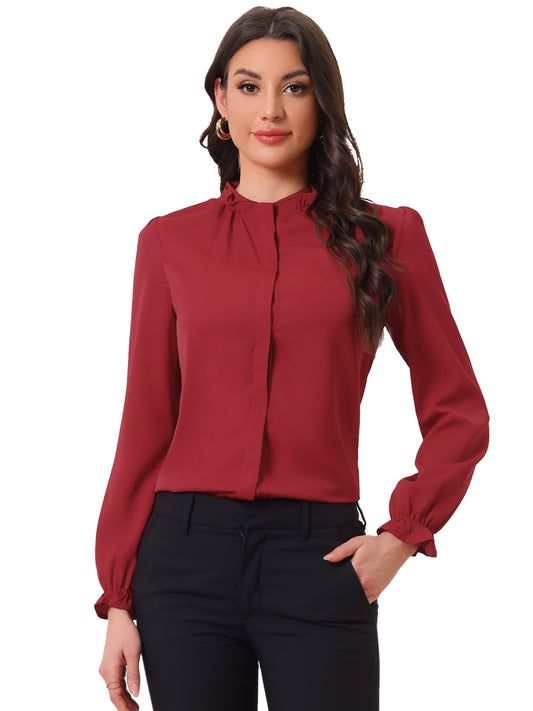 Women's Elegant Ruffled Collar Long Sleeve Chiffon Button Down Blouse Shirt