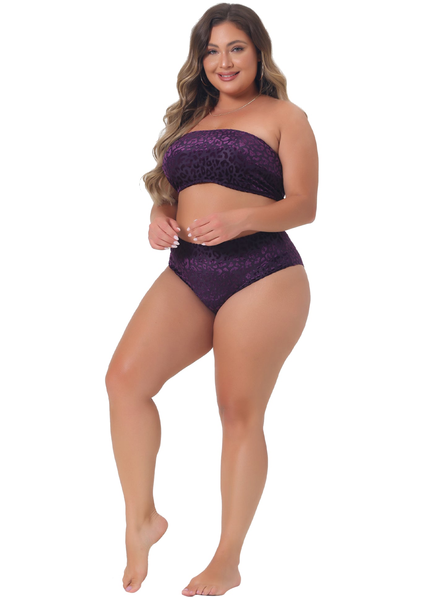 Women Plus Size 2 Piece Bandeau Bikini Velvet Leopard Swimsuit High Waisted Bathing Suit