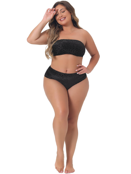 Traje de baño de dos piezas con estampado de leopardo y terciopelo para mujer, talla grande, cintura alta