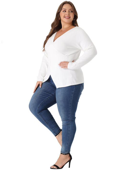 Women Plus Size Knit Top Wrap V Neck Criss Cross Long Sleeve Asymmetrical Sweater