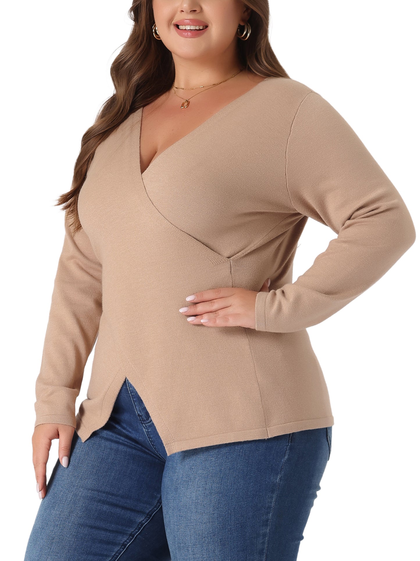 Women Plus Size Knit Top Wrap V Neck Criss Cross Long Sleeve Asymmetrical Sweater