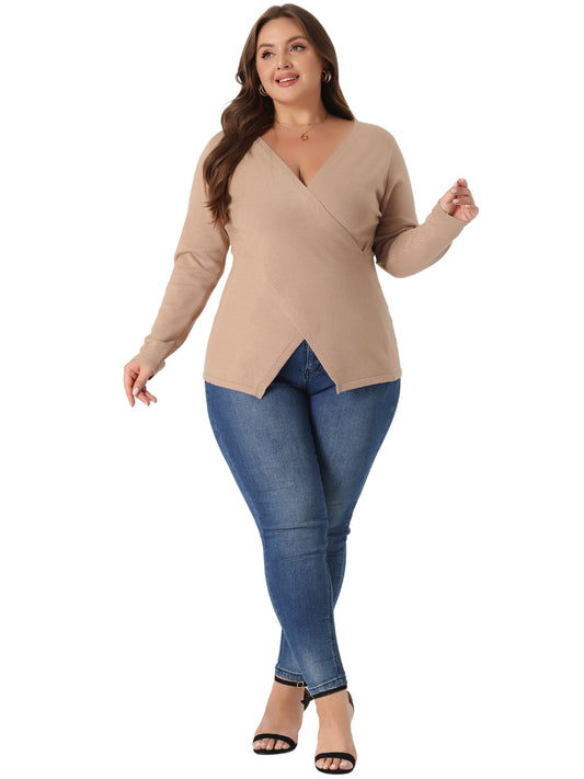 Women Plus Size Knit Top Wrap V Neck Criss Cross Long Sleeve Asymmetrical Sweater