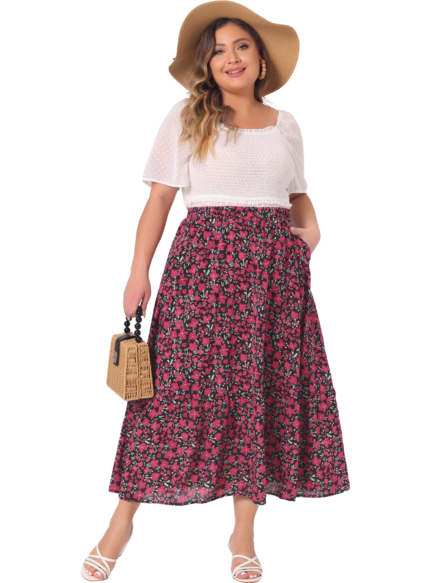 Women Plus Size Skirts Floral Flowy Stretchy Waist Layered A Line with Pocket Summer Maxi Skirt