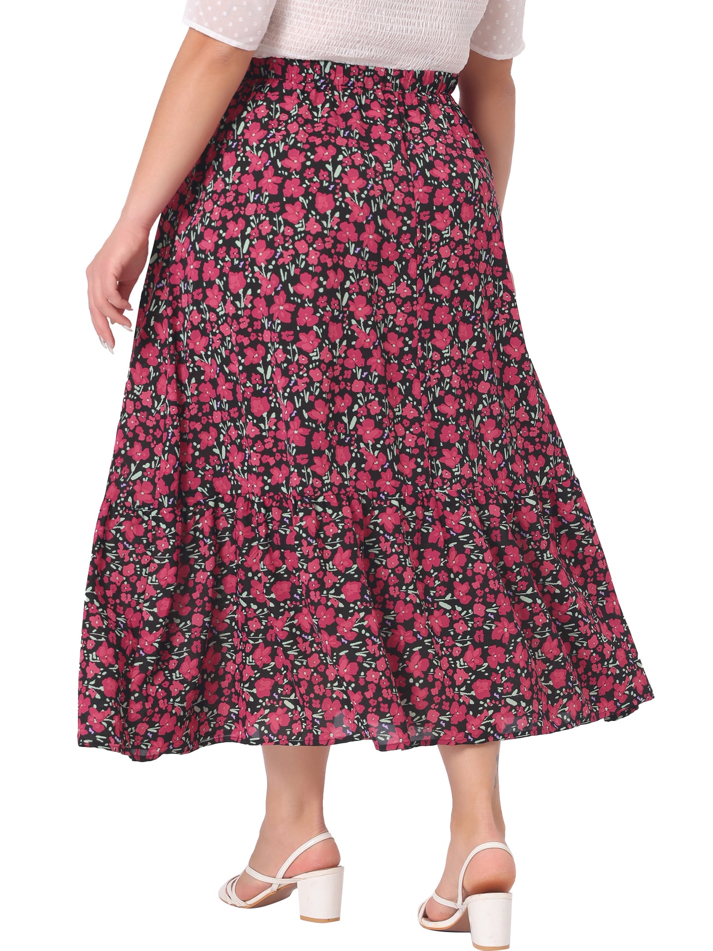Faldas de talla grande para mujer, con estampado floral, cintura elástica, capas, línea A, con bolsillo, falda maxi de verano