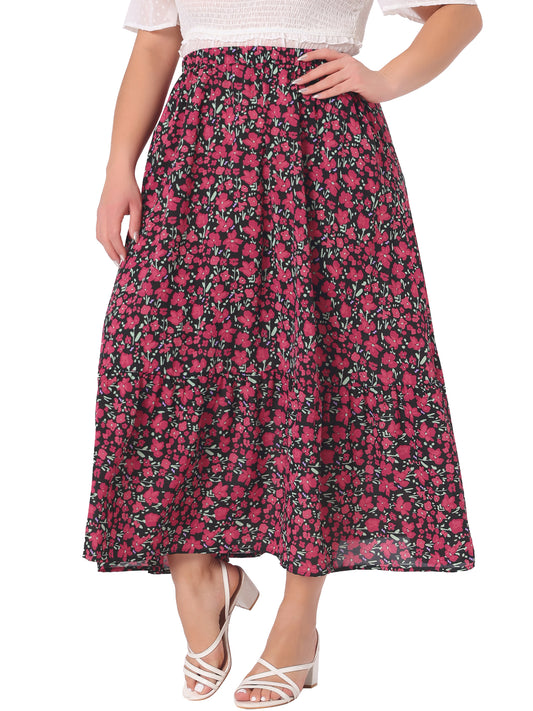 Faldas de talla grande para mujer, con estampado floral, cintura elástica, capas, línea A, con bolsillo, falda maxi de verano