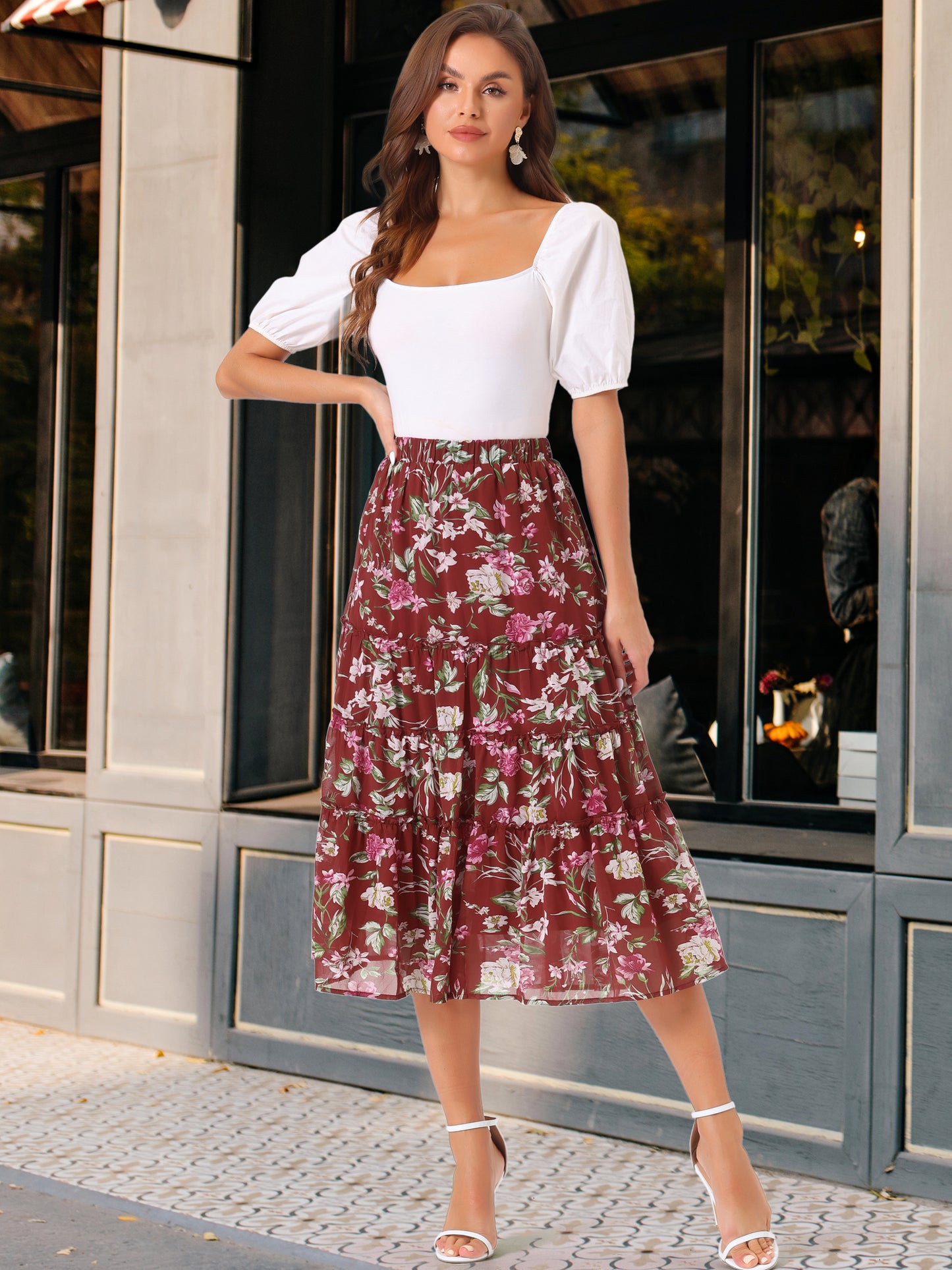 Women's Floral Chiffon A-Line Tiered Ruffle Midi Skirt (Available in Plus Size)
