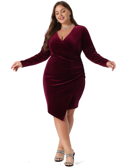 Women Plus Size Dresses Long Sleeve Velvet Bodycon Wrap V Neck Ruched Sexy Party Cocktail Dress