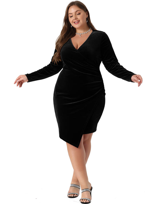 Women Plus Size Dresses Long Sleeve Velvet Bodycon Wrap V Neck Ruched Sexy Party Cocktail Dress