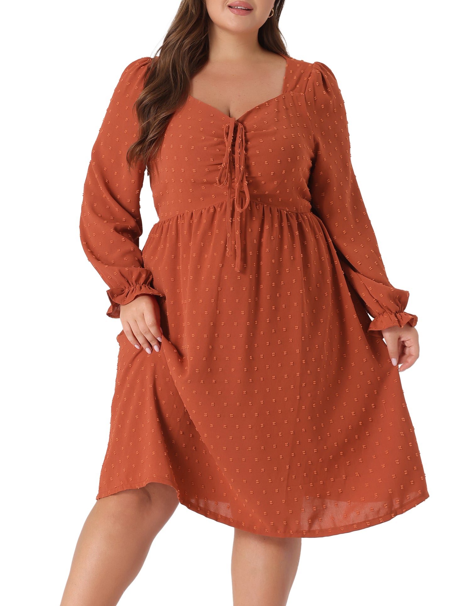 Women Plus Size Swiss Dots Dress Long Sleeve Sweetheart Neck Ruffle Tiered Midi Dress
