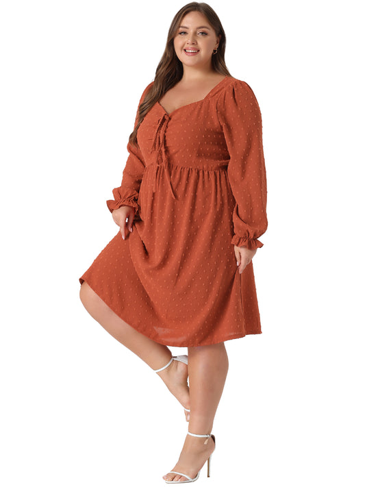 Women Plus Size Swiss Dots Dress Long Sleeve Sweetheart Neck Ruffle Tiered Midi Dress