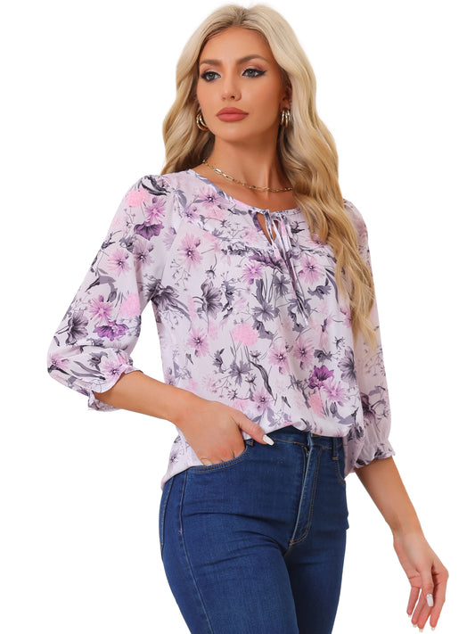 Women's Tie Neck 3/4 Sleeve Floral Blouse Bow Top