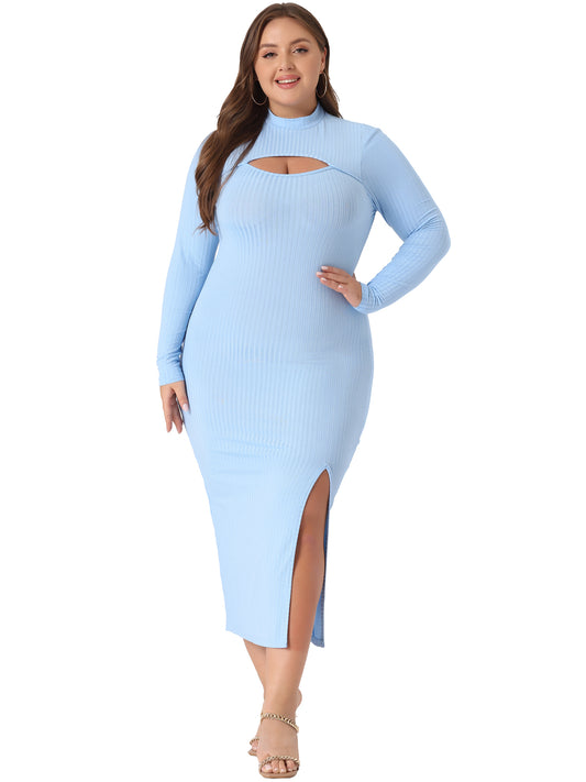 Women Plus Size Dresses Round Neck Cut Out Front Knee Slim Split Hem Bodycon Dress