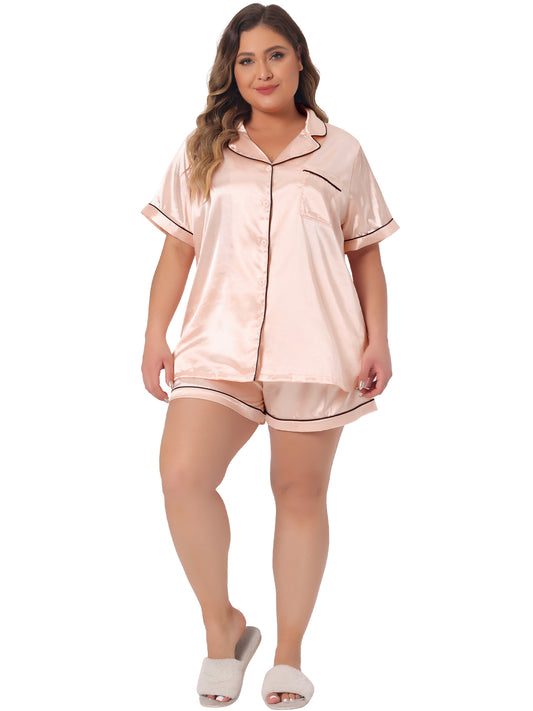 Women Plus Size Pajamas Set Satin Button Down Tops Sleepwear Pajama Shorts 2 Pcs Lounge Sets with Pocket