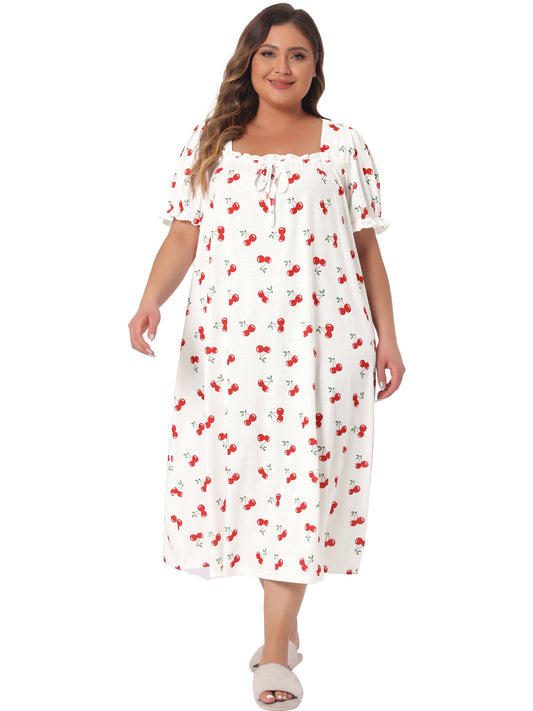 Women Plus Size Nightgowns Cute Cherry Sleepshirts Ruffle Nightdress Loungewear