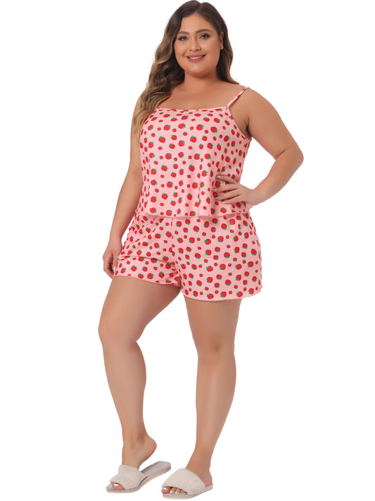 Women Plus Size Pajamas Strawberry Pattern Sleepwear Cami Shorts Set Cute Nightgown
