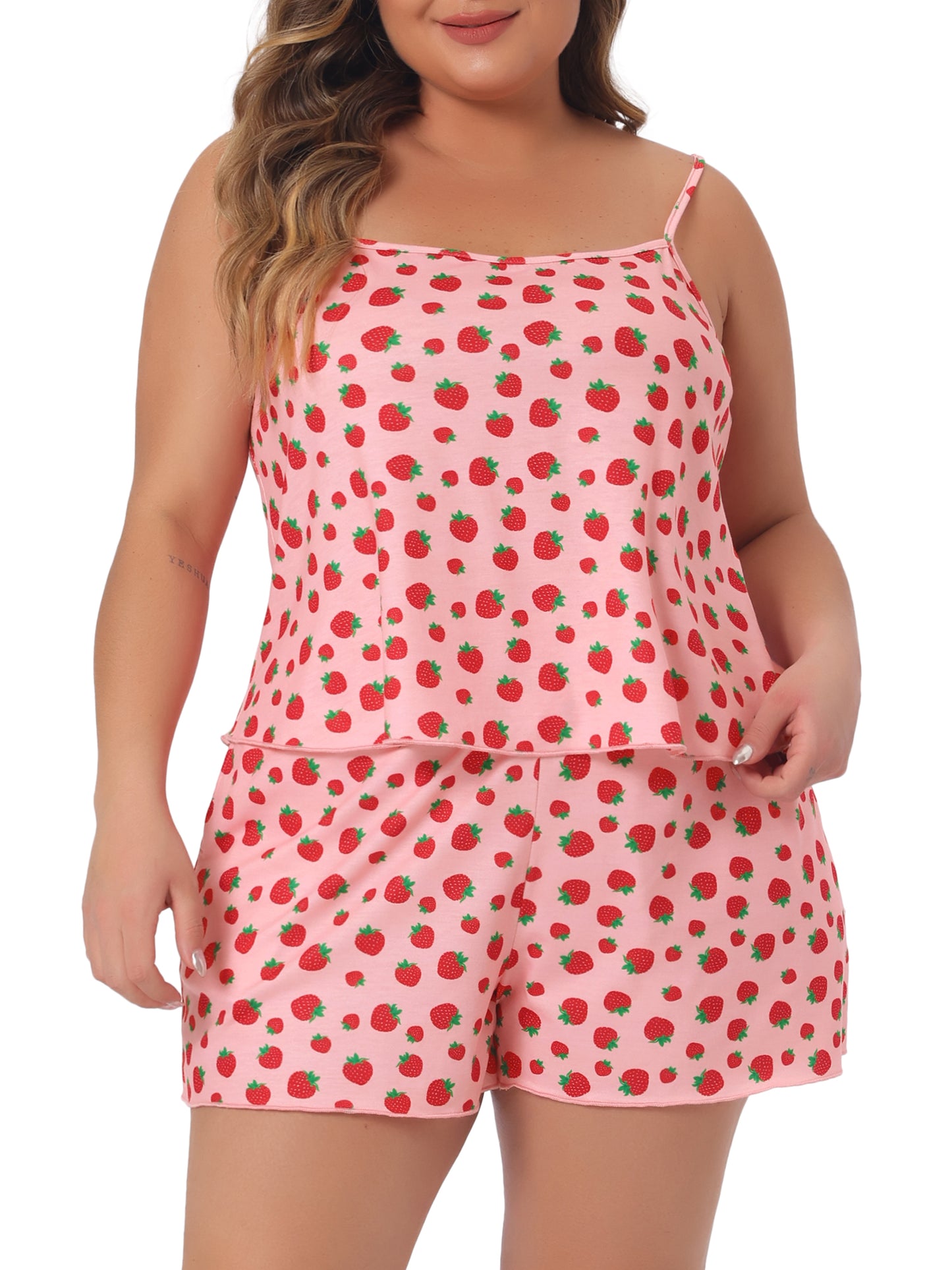 Women Plus Size Pajamas Strawberry Pattern Sleepwear Cami Shorts Set Cute Nightgown
