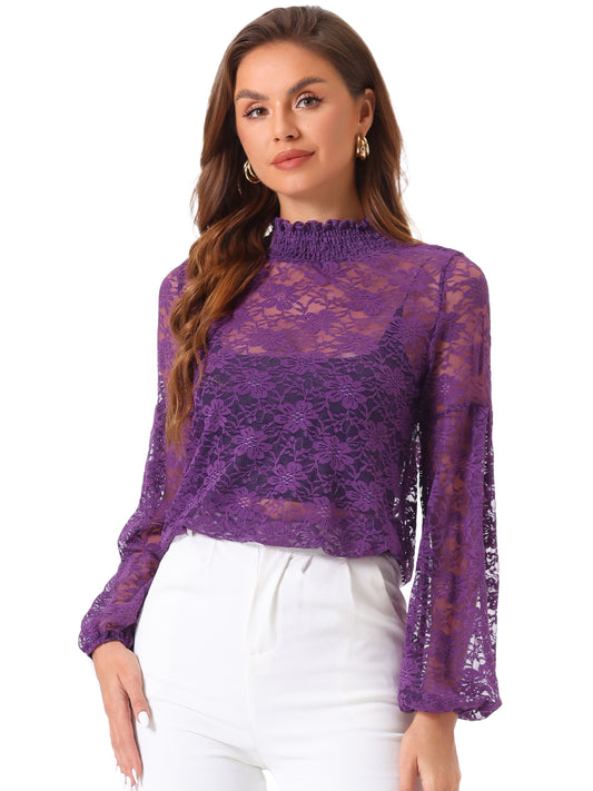 Women's Floral Lace Turtleneck Puff Long Sleeve See Through Sheer Blouse