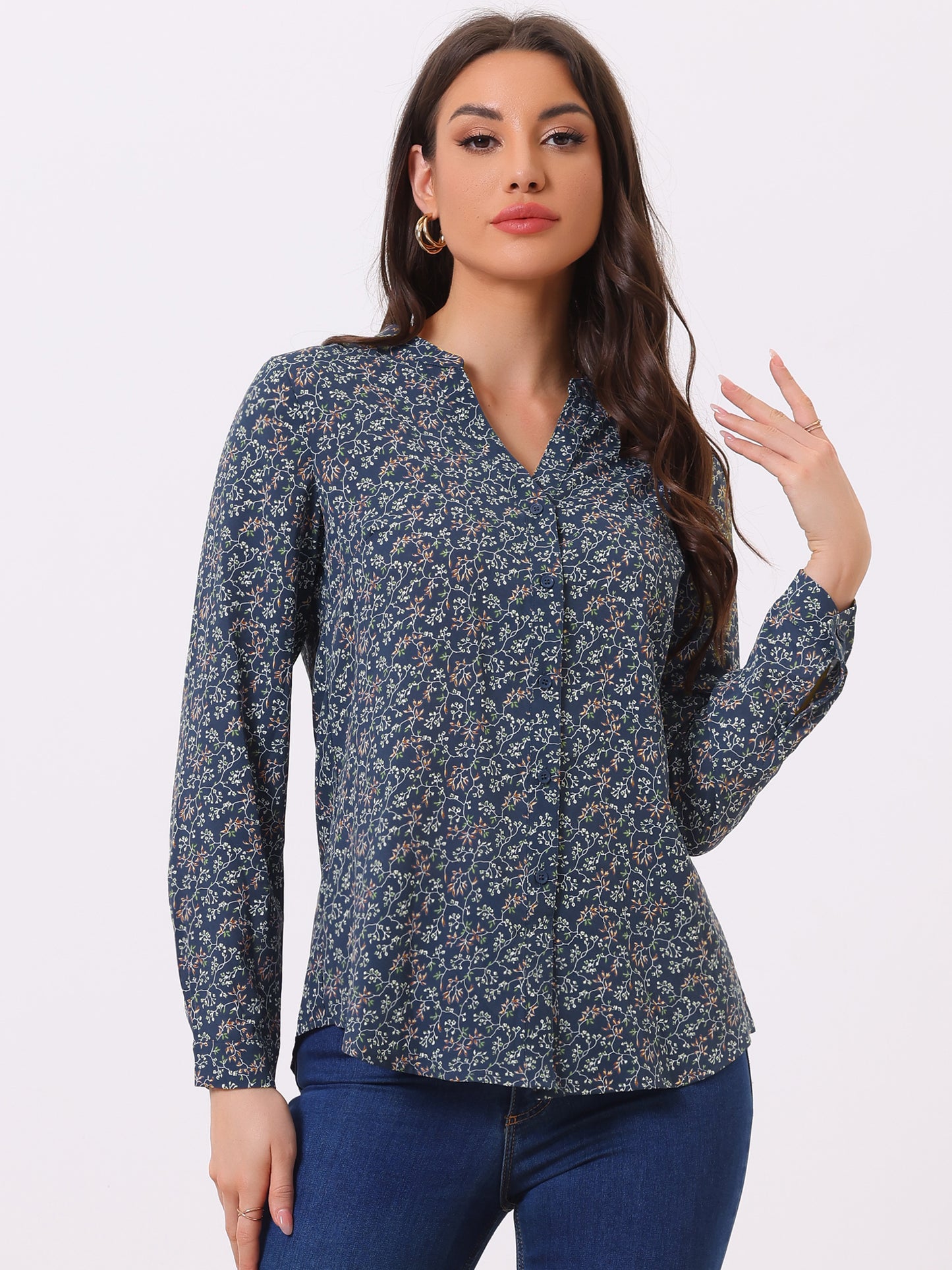 Women's Chiffon V Neck Long Sleeve Tunic Top Floral Button Up Shirt (Available in Plus Size)