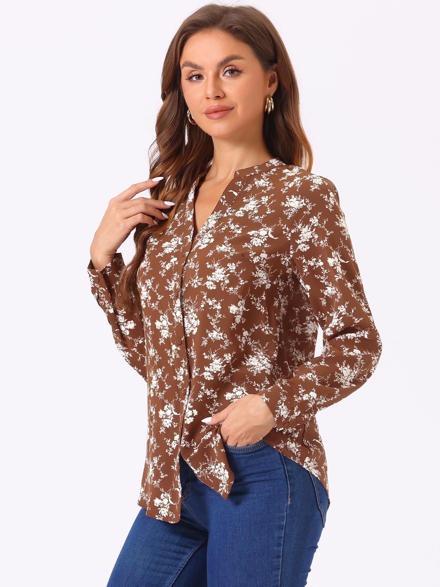 Women's Chiffon V Neck Long Sleeve Tunic Top Floral Button Up Shirt (Available in Plus Size)