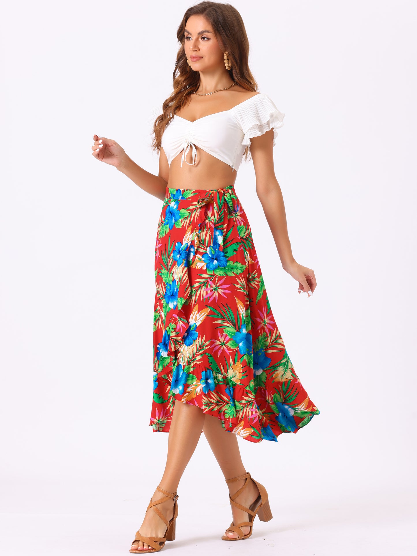 Women's Tropical Floral Print Ruffle Self Tie Knot Split Beach Wrap Skirt