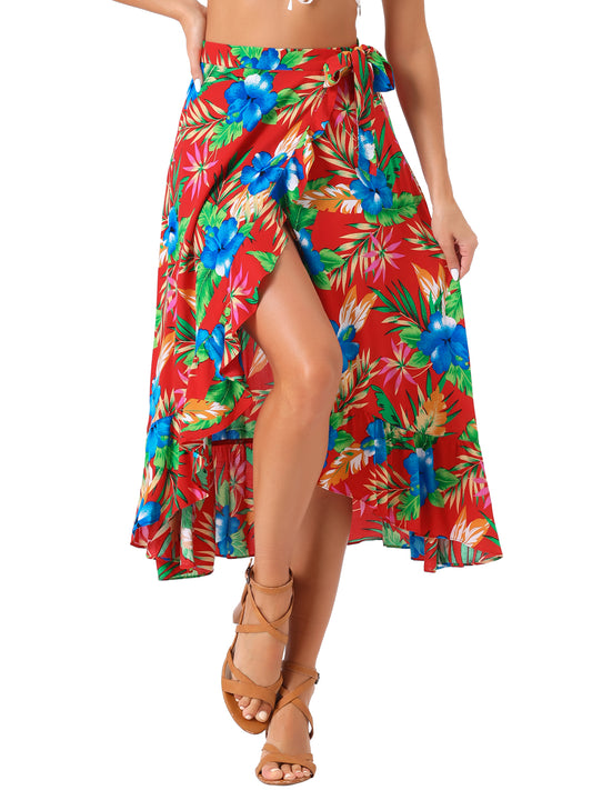 Women's Tropical Floral Print Ruffle Self Tie Knot Split Beach Wrap Skirt