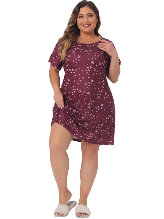 Women Plus Size Nightgown Pajama Round Neck Cat Allover Print Cute Sleepdress