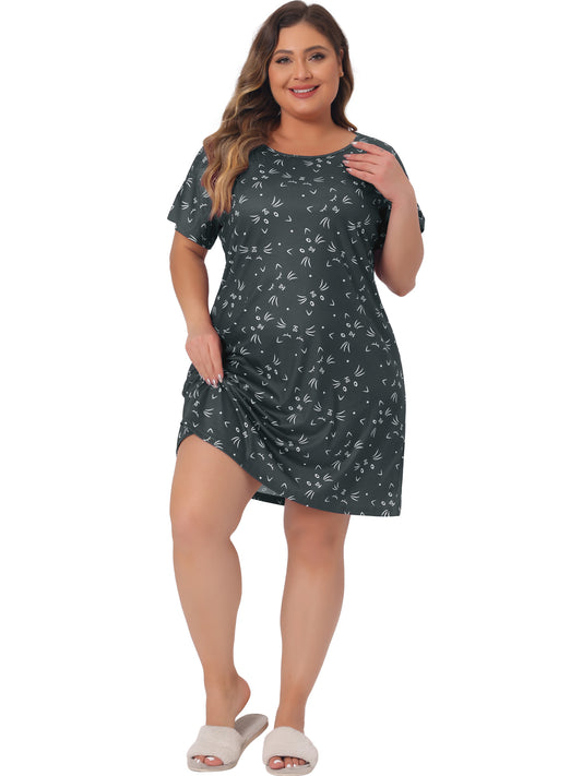 Women Plus Size Nightgown Pajama Round Neck Cat Allover Print Cute Sleepdress